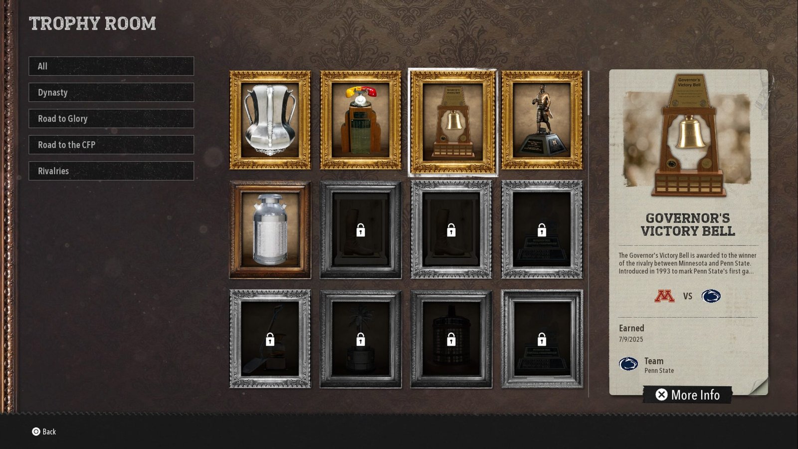 Five trophies unlocked in the College Football 26 trophy room