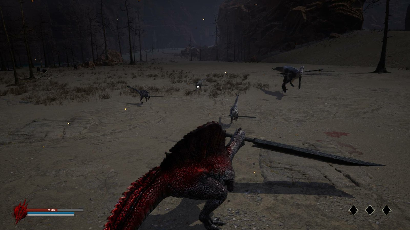 In Dinoblade, a Spinosaurus wielding a giant sword in its mouth battles two smaller dinosaurs