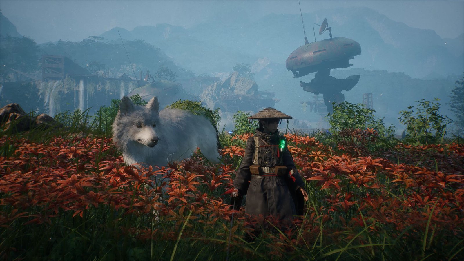 Emma and huge dog Koo stand among red flowers in Beast of Reincarnation with a ruined structure behind them