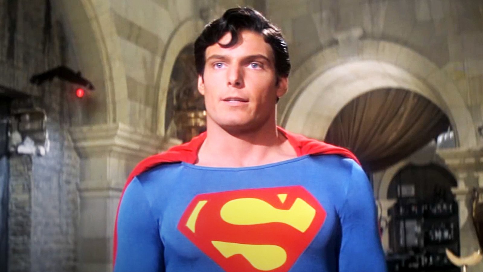 A close up of Christopher Reeve as Superman during one of the best movies ever made, Superman.