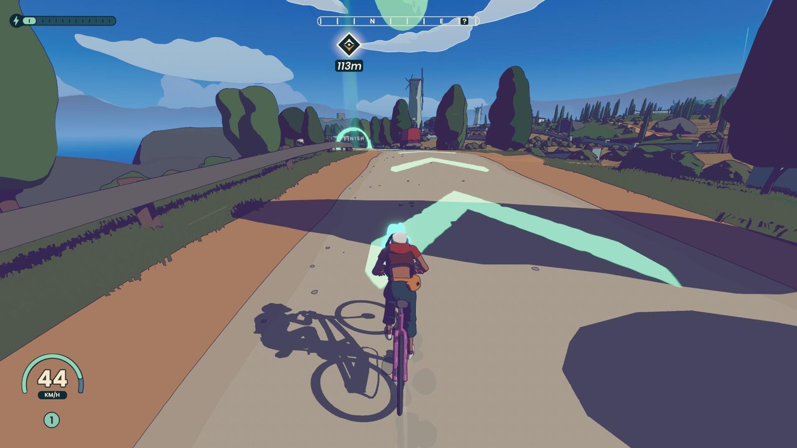 Riding along a road in a field in Wheel World with arrows on the ground