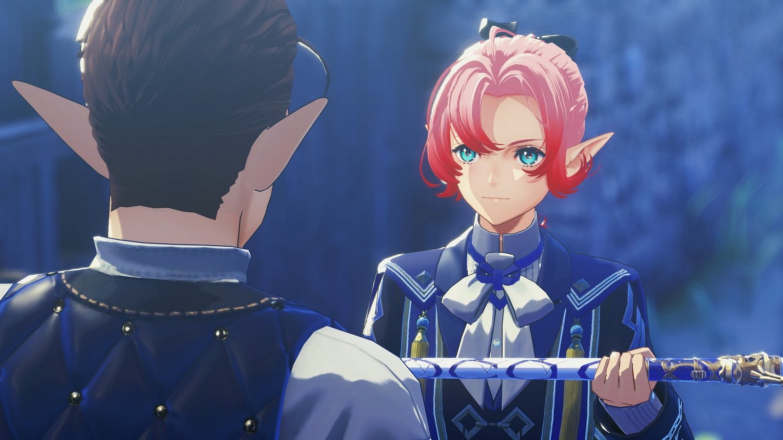 A pink-haired characters holds a sword in her hands with a determined look in Xenoblade Genesis