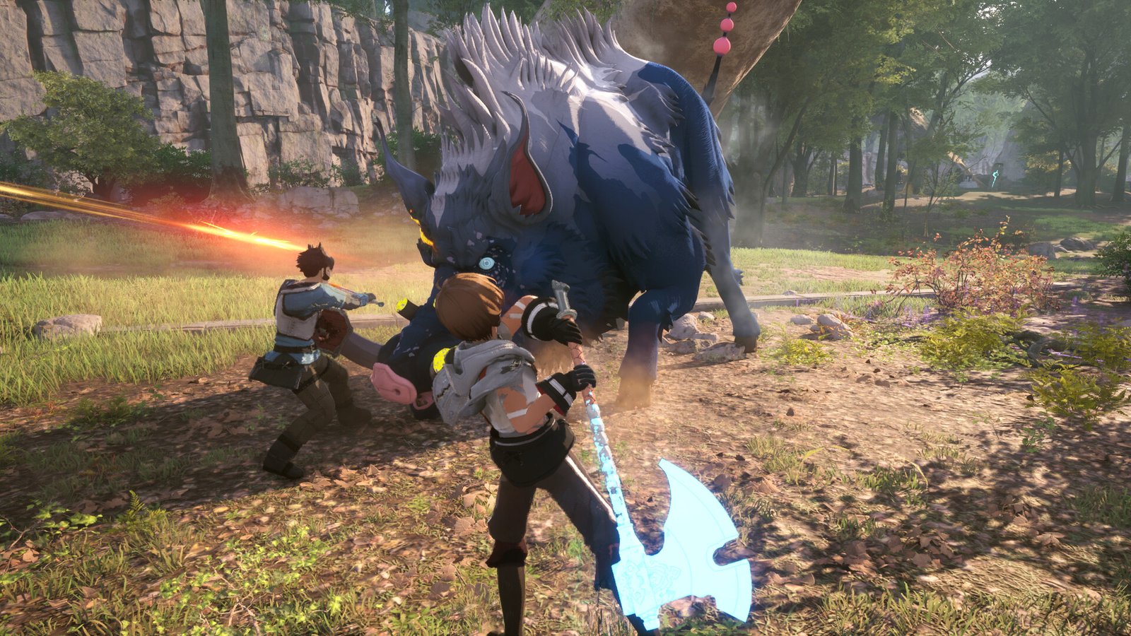 Two characters hunting a giant boar in the upcoming RPG, Echoes of Aincrad