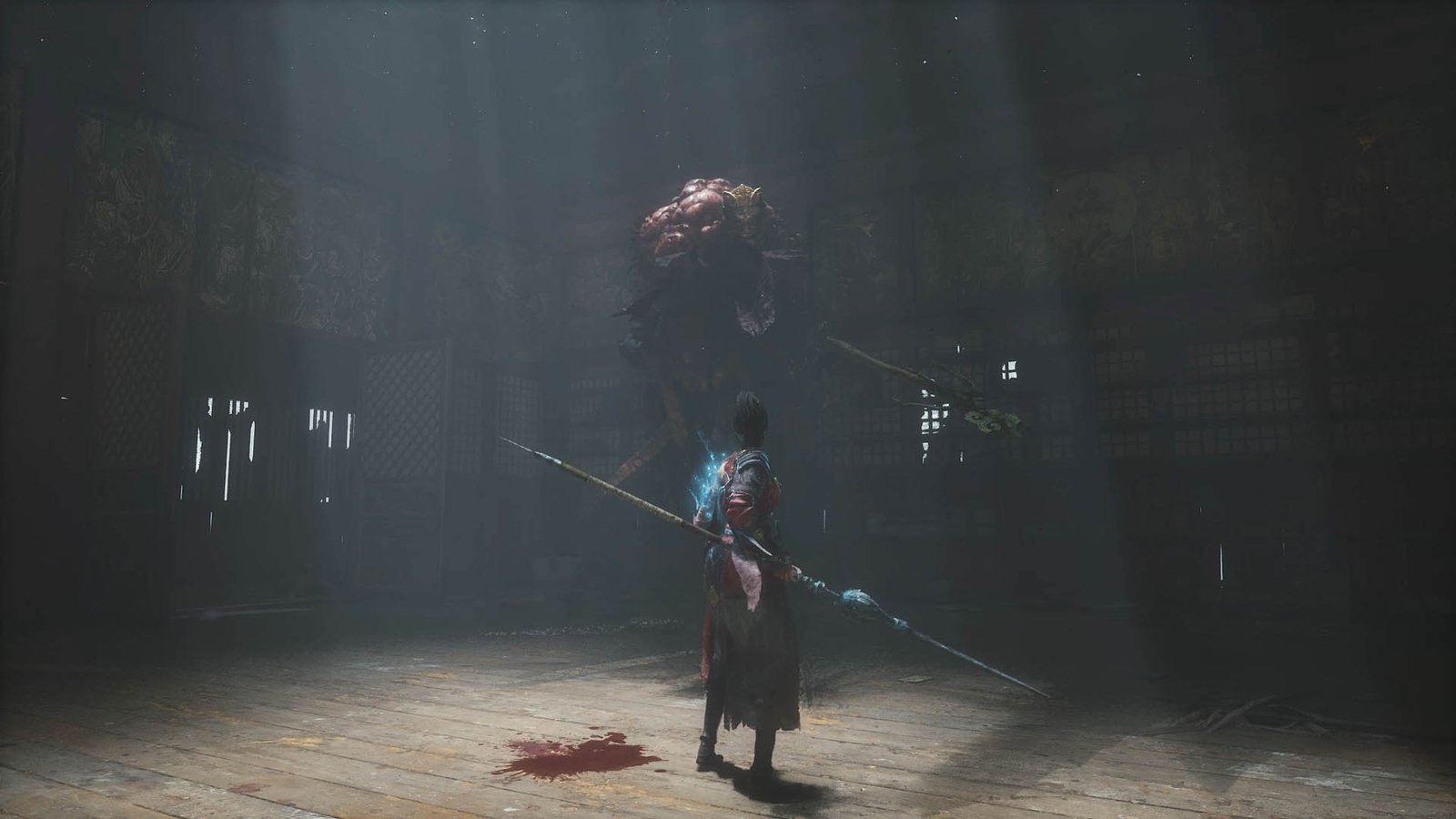 Wuchang holds a double-bladed spear in front of an enemy in Wuchang: Fallen Feathers