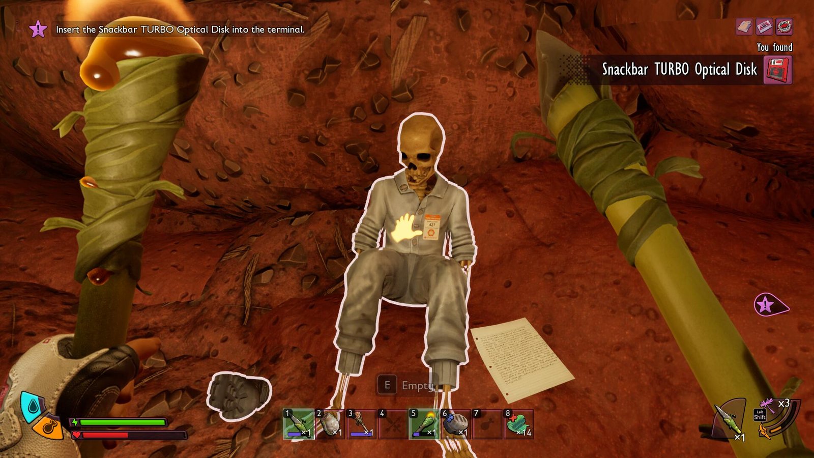 Looting a skeleton in Grounded 2 for a Snackbar TURBO optical disk