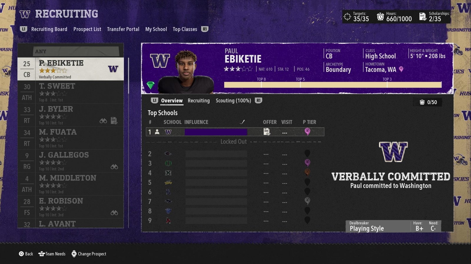 A recruiting board in College Football 26 dynasty mode