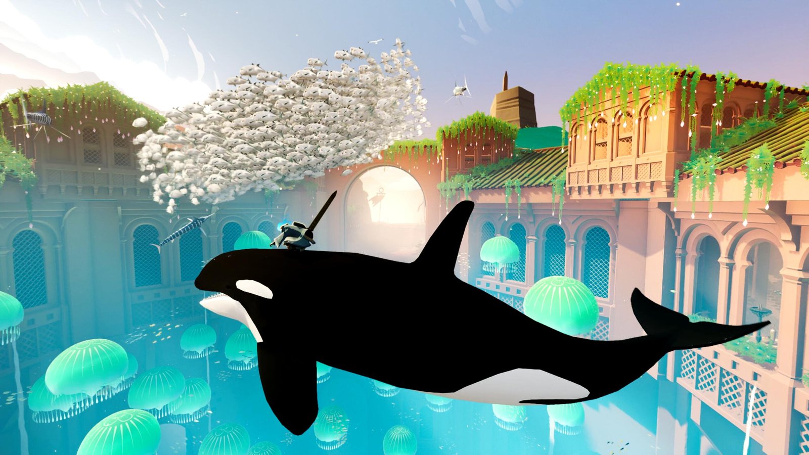 Riding a killer whale in Sword of the Sea