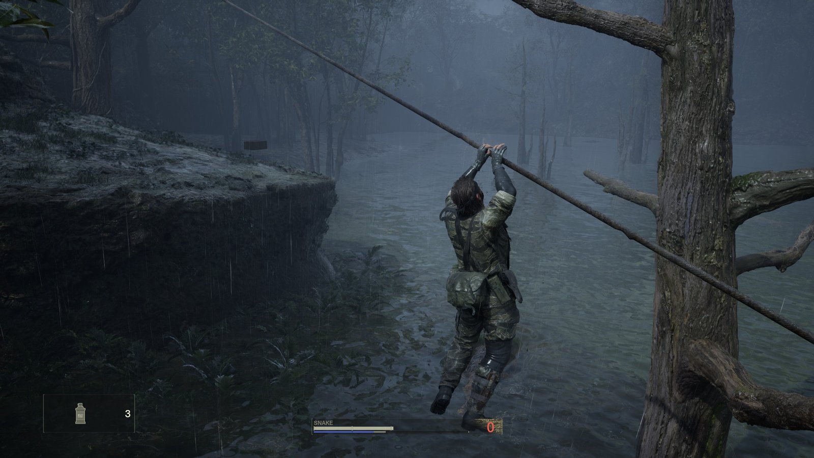 Snake moves across rope in Metal Gear Solid Delta: Snake Eater