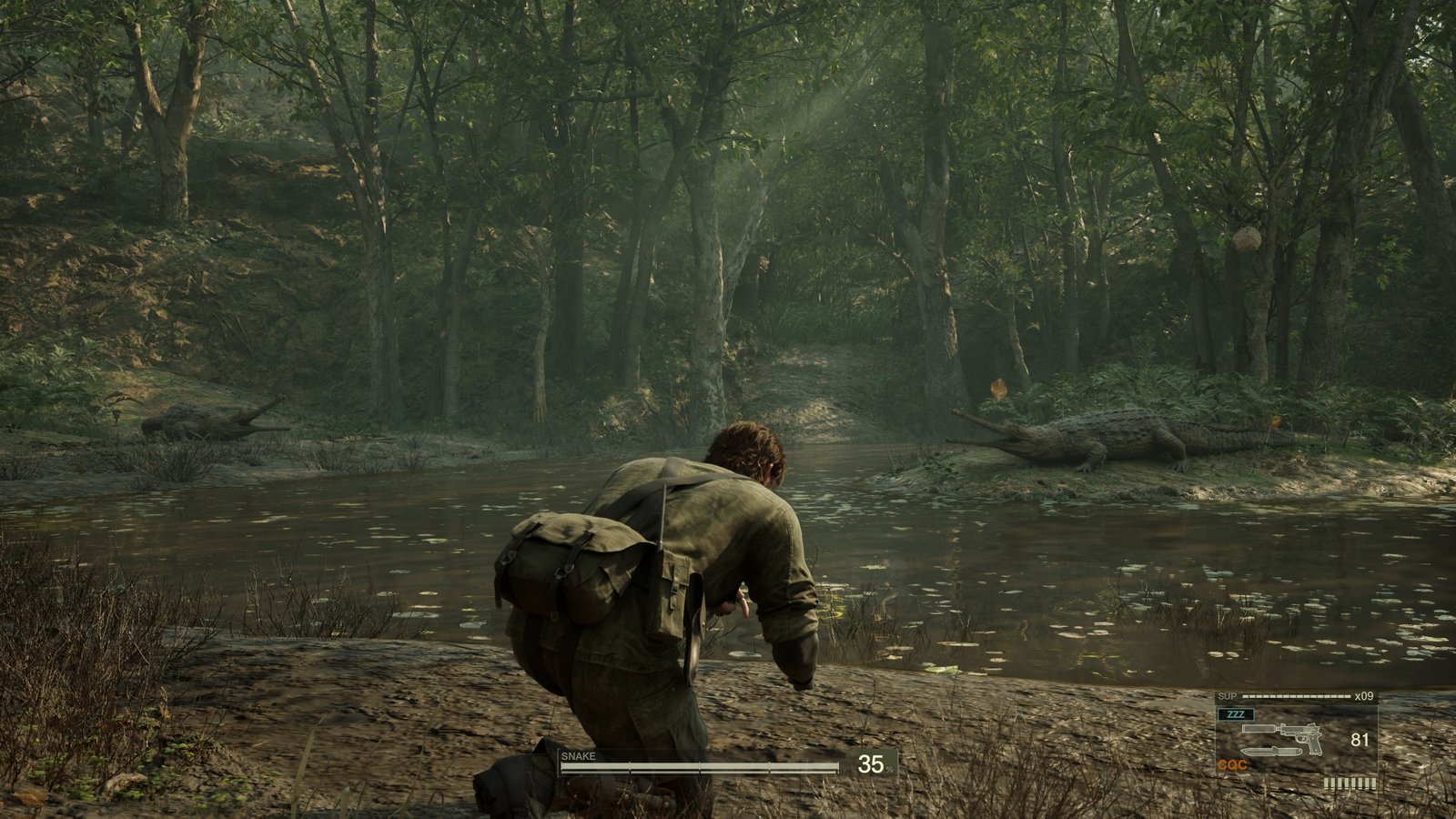 Snake looks at a swamp full of crocodiles in Metal Gear Solid Delta: Snake Eater with the legacy filter on