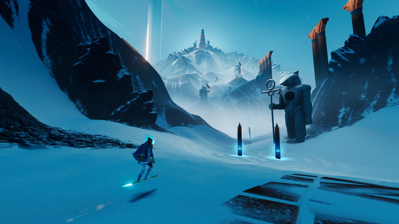 Moving across snow on the hoverboard sword in Sword of the Sea through a mountain pass