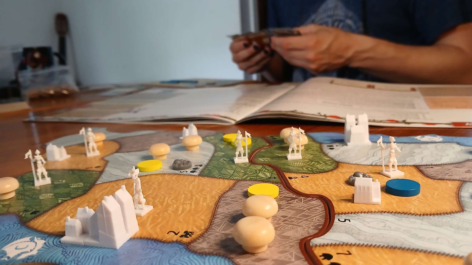 Spirit Island components, cards, and board pieces on a wooden table