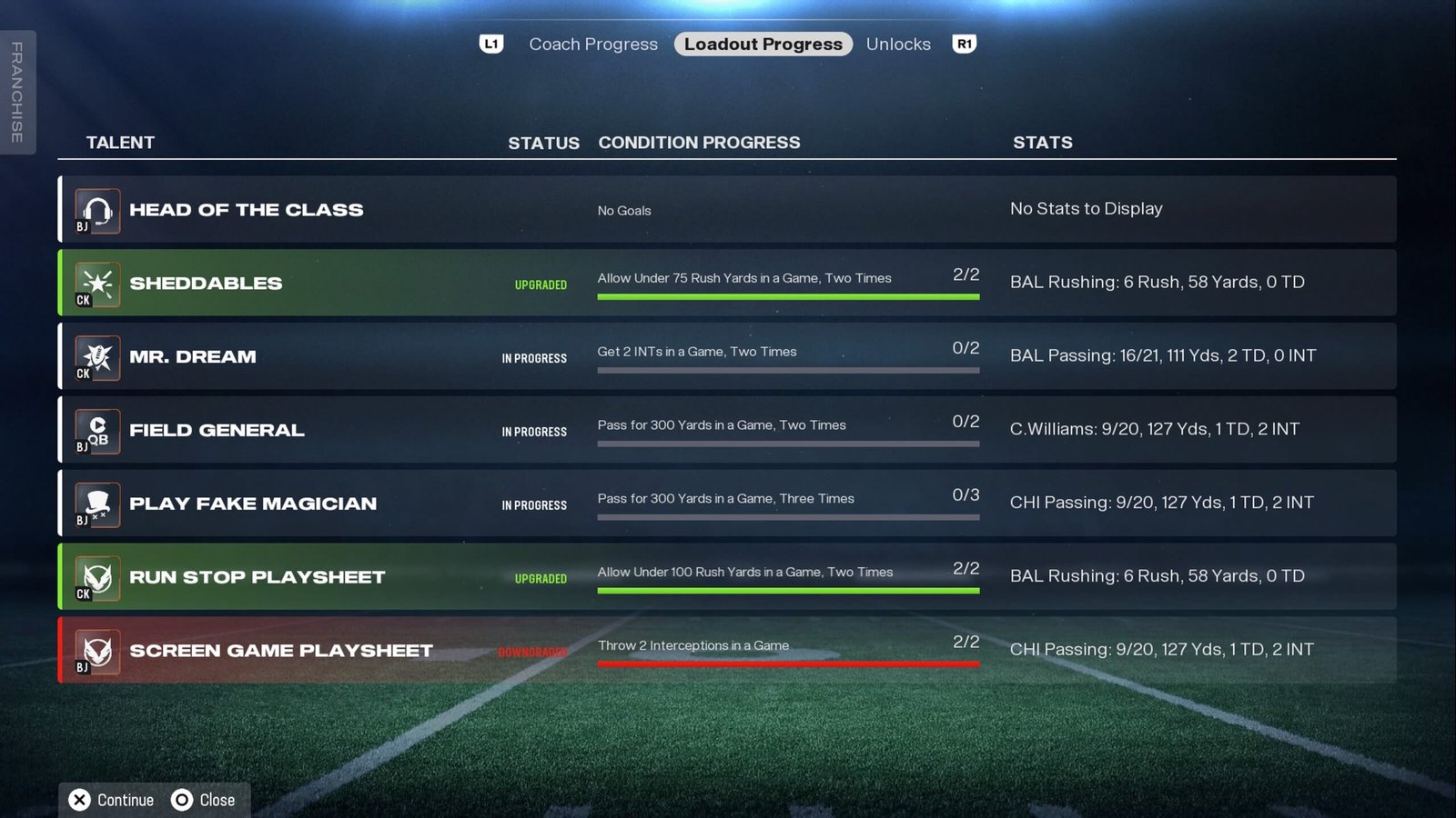 Madden 26 coach and loadout progress in a Bears franchise save