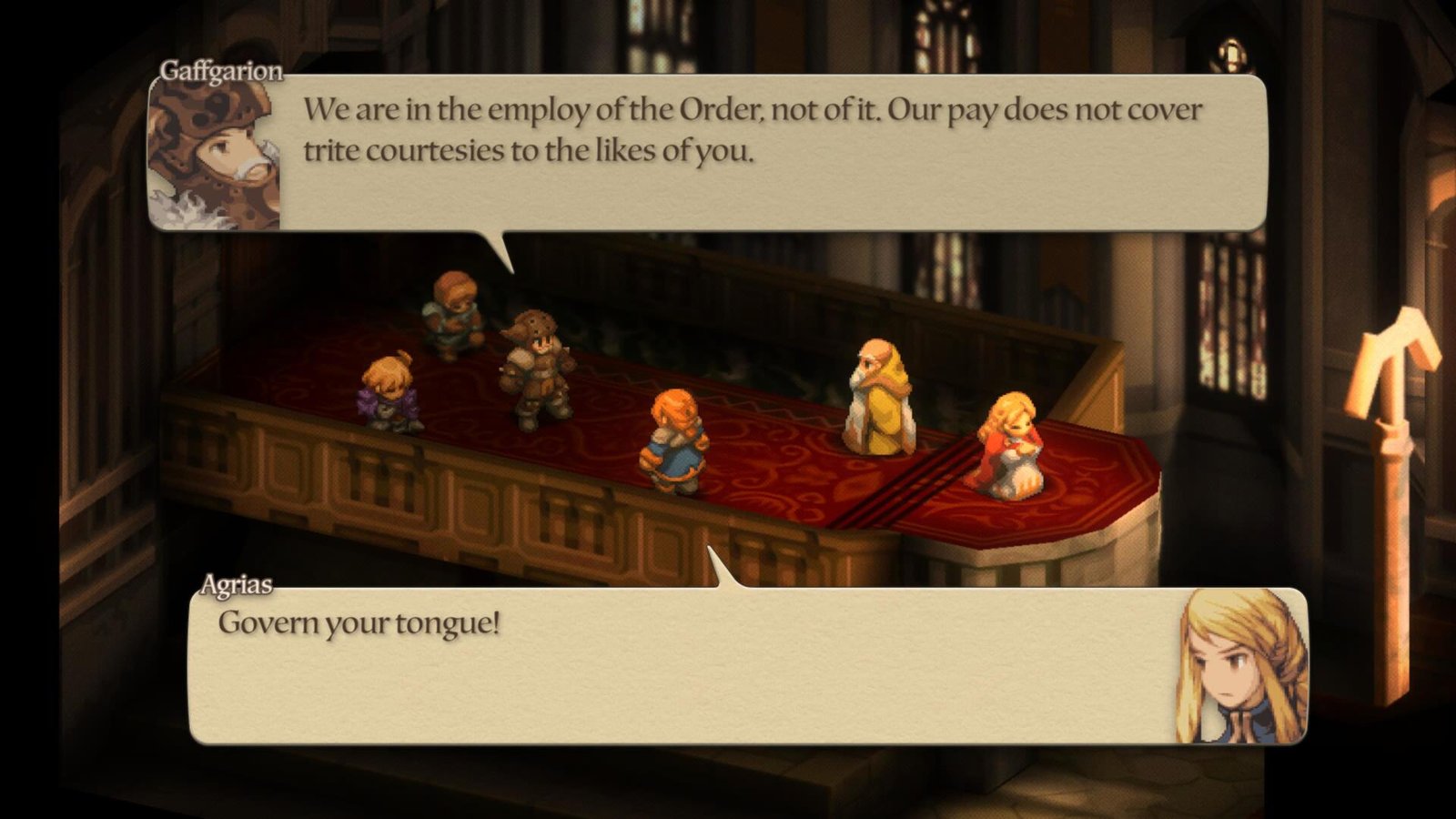 Gaffgarion in Final Fantasy Tactics: The Ivalice Chronicles is being rude to Agrias