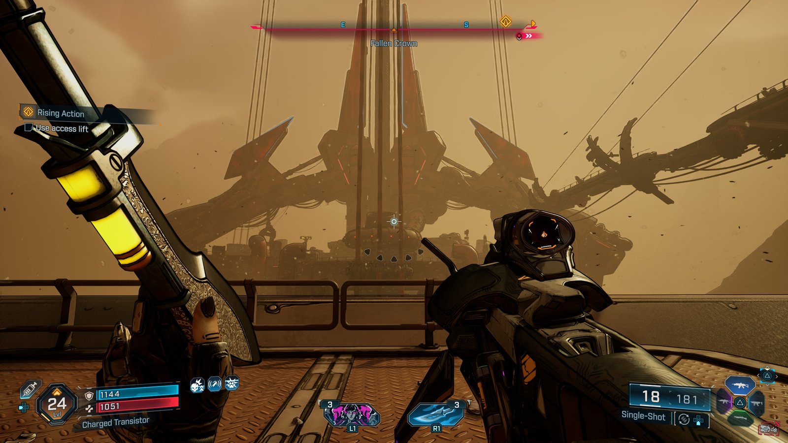 Borderlands 4 review gameplay showing the player looking at a giant cabled structure while dust blows