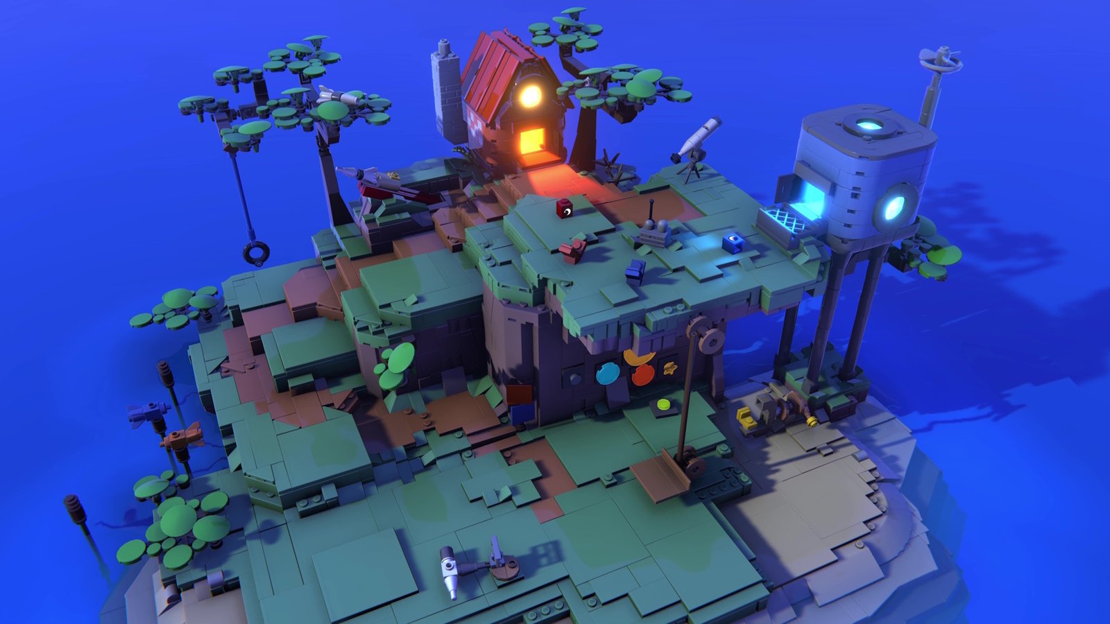 The bricks move between buildings in Lego Voyagers at night -a cabin with a warm red glow and a colder blue lab