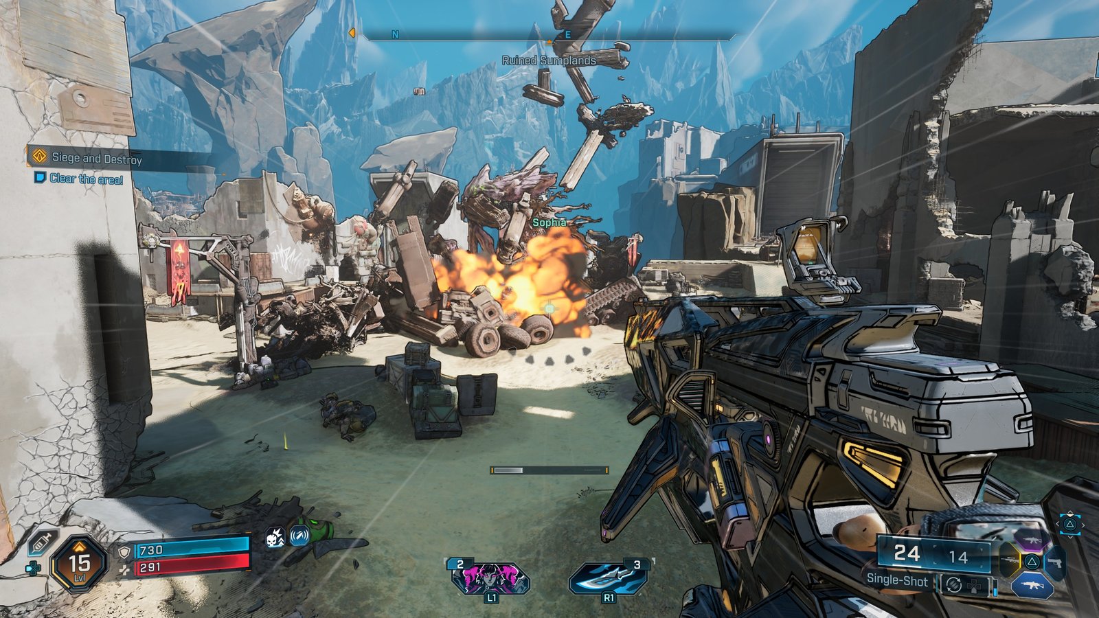 A Borderlands 4 screenshot showing a giant structure exploding while the player dashes backwards