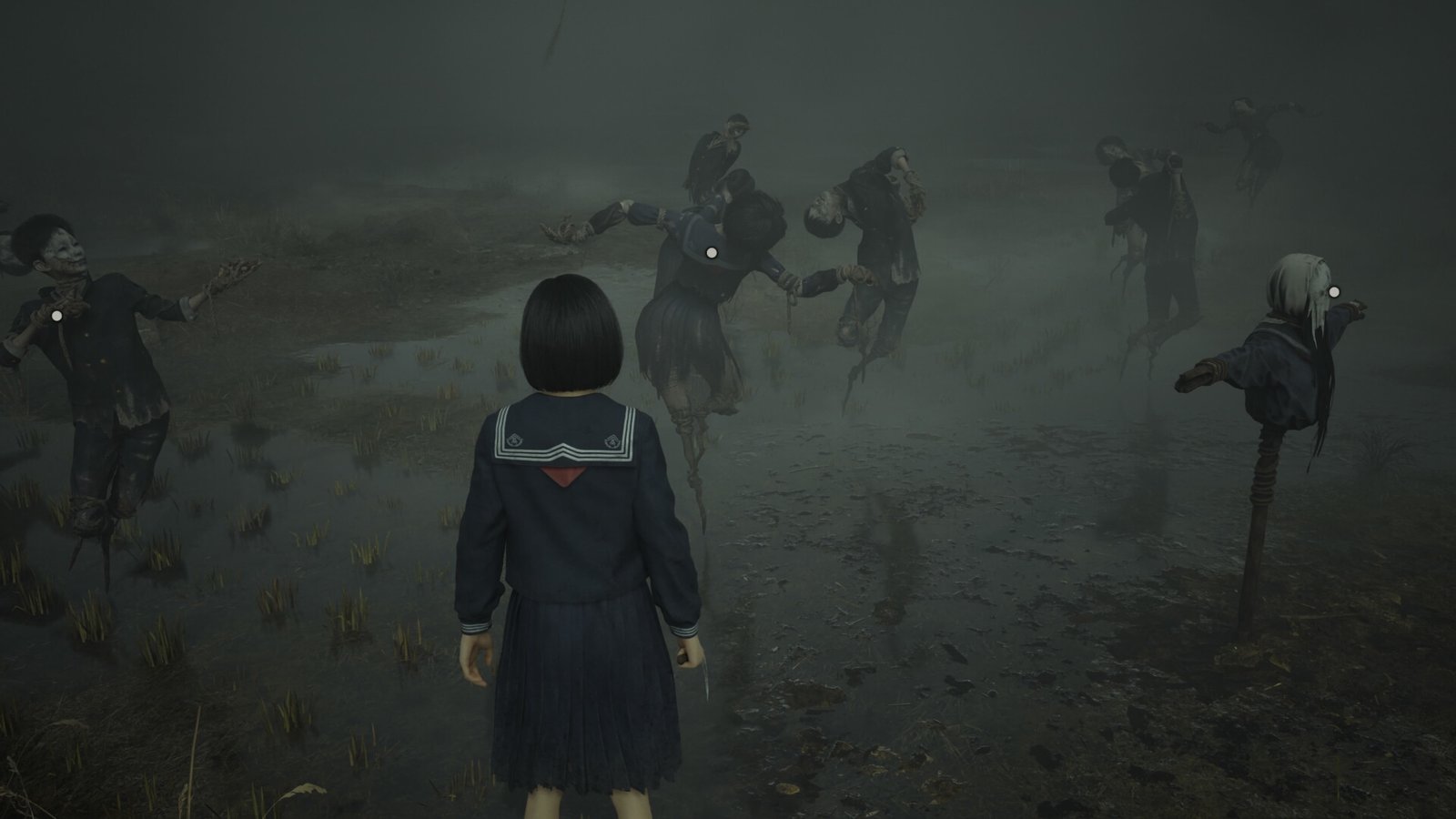 Hinako stands in front of several scarecrows in Silent Hill f dressed in school uniforms