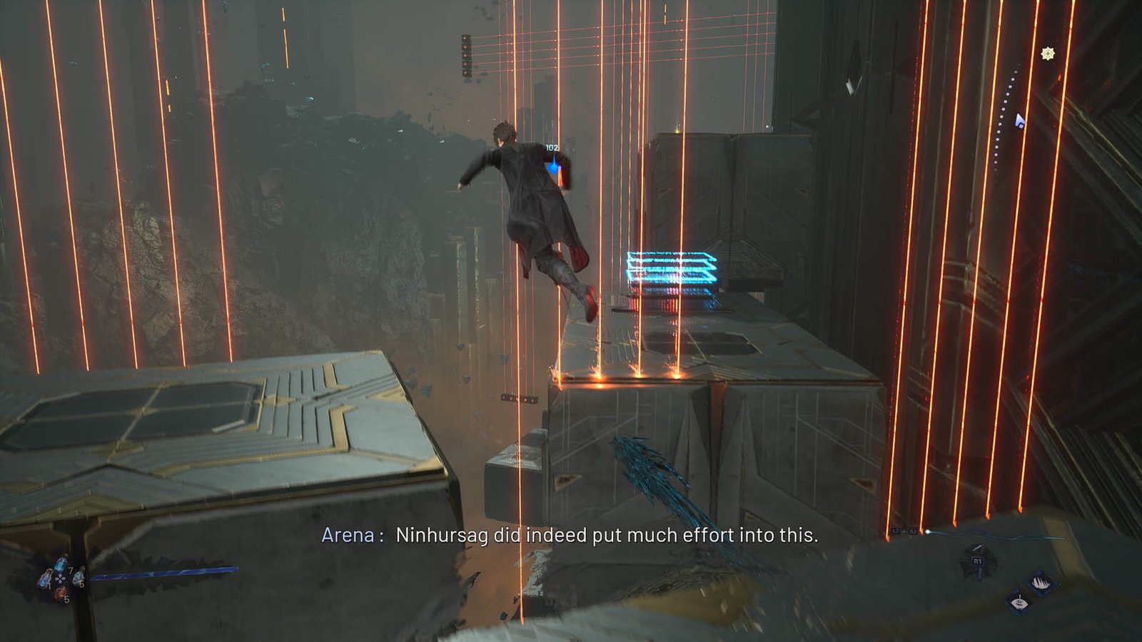 Kaser jumps between platforms in Lost Soul Aside, avoiding lasers within an Alternate Dimension