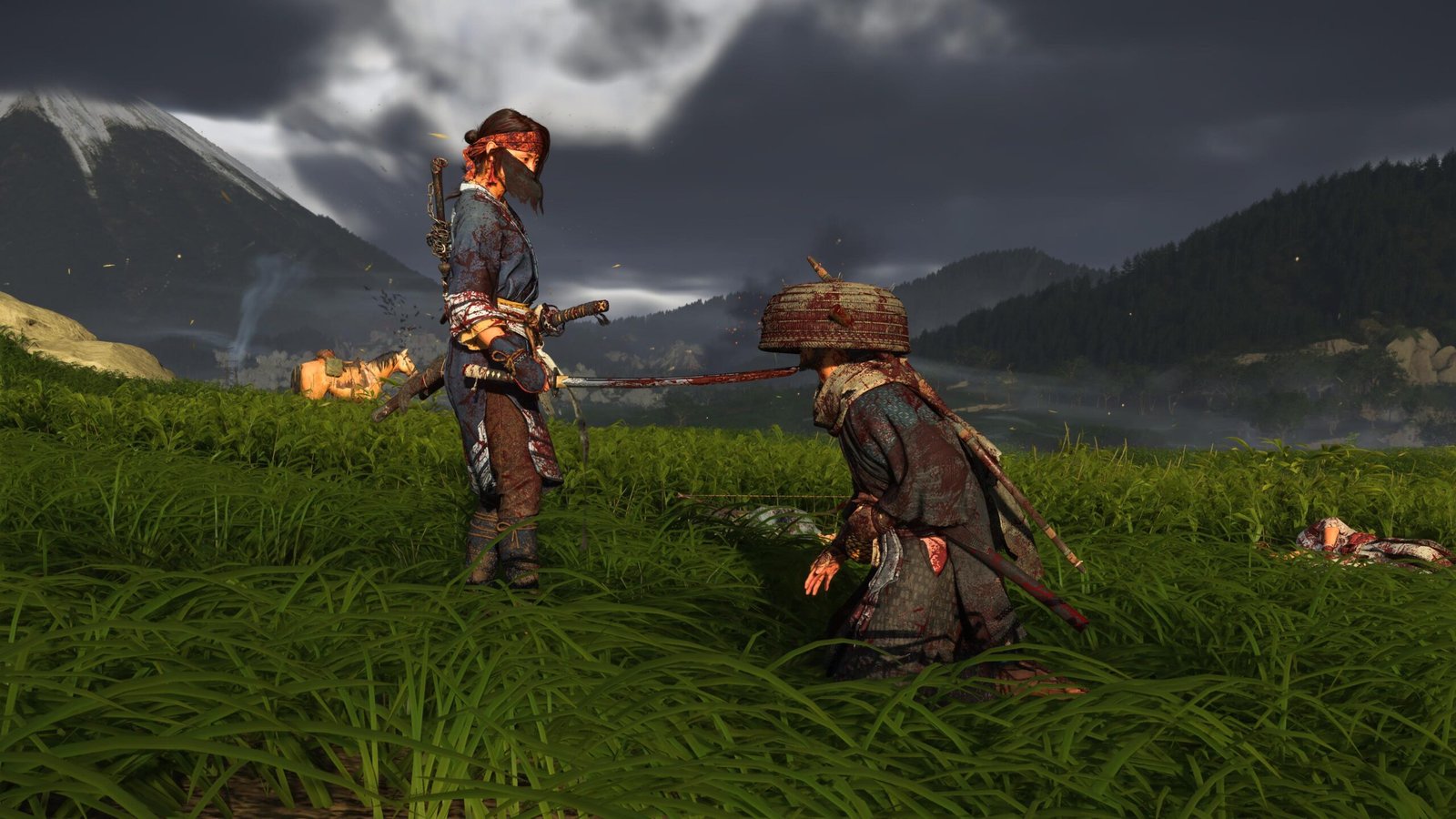 Ghost of Yotei screenshot showing protagonist Atsu interrogate a bloody samurai on their knees, while Atsu holds a sword to their throat