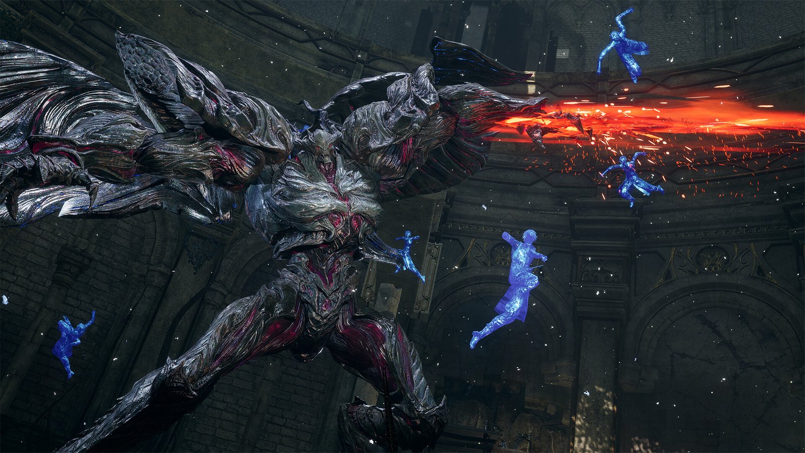 Kaser performs an aerial sword combo in Lost Soul Aside against a hulking giant enemy that has him leave after image strikes all around it