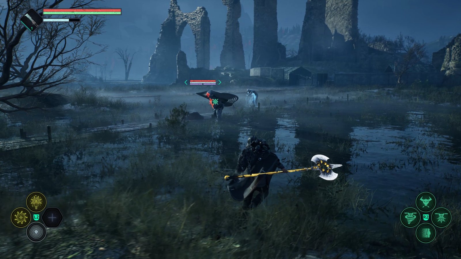Remi wields a large polearm as he approaches bulky Hollow Walker in a swamp in Hell is Us