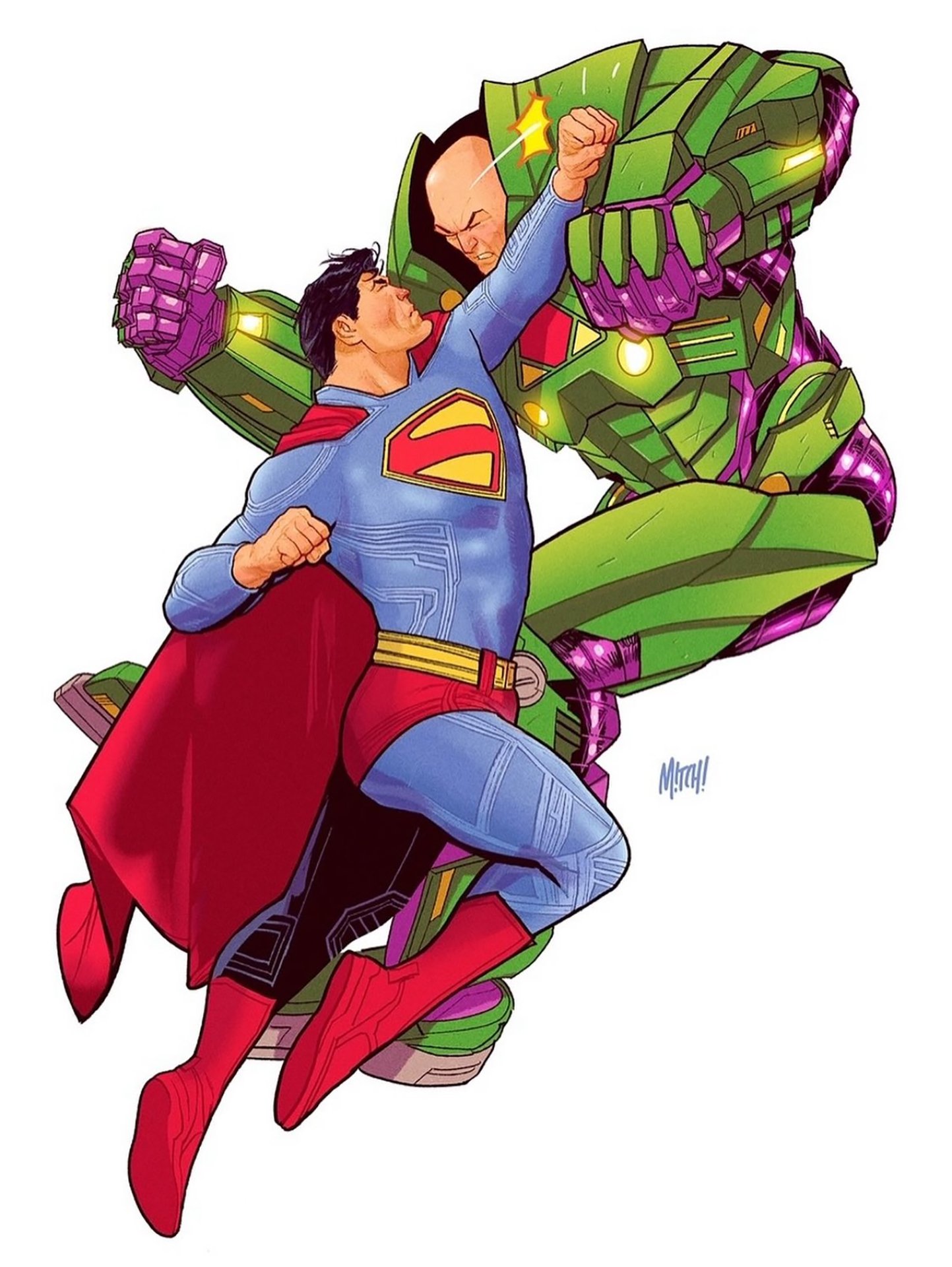 Superman 2 concept art by Mitch Gerads showing Superman fighting Lex Luthor, who is wearing his purple and green battle armor