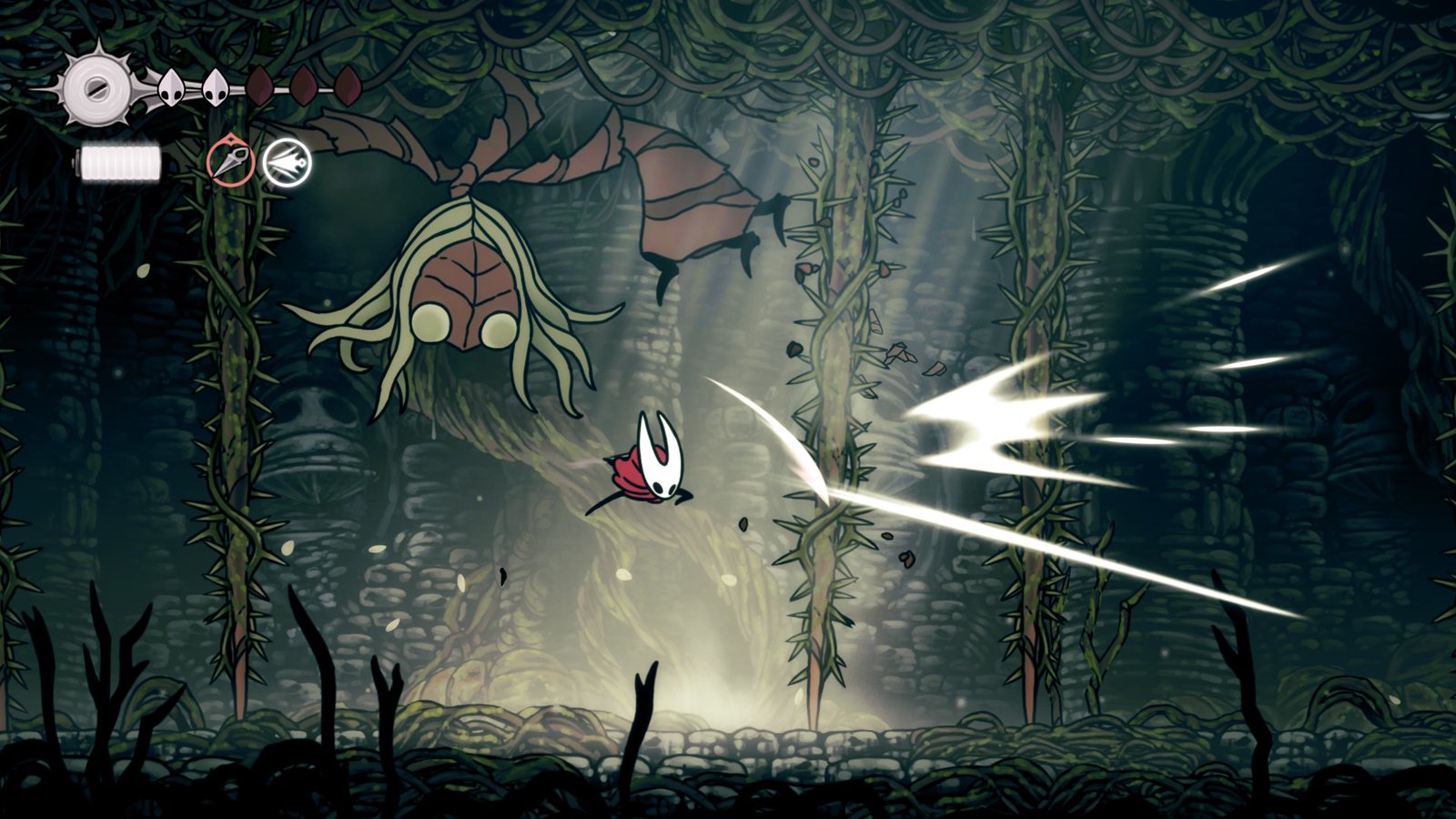 Hornet attacks Sister Splitner's ivy in Hollow Knight: Silksong