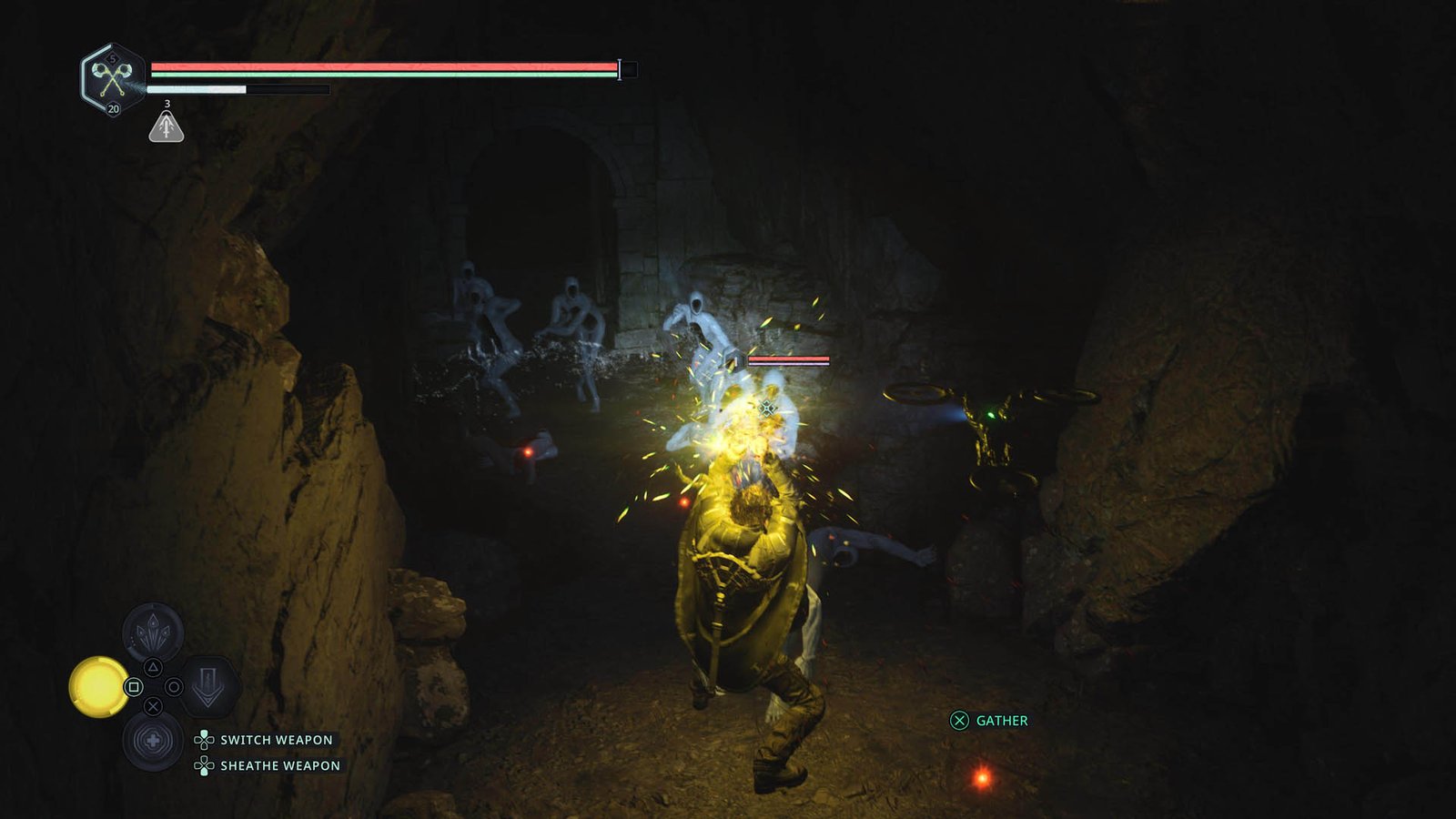 A horde of Hollow Walkers approach Remi in Hell is Us within a dark cave, as Remi charges up a yellow attack