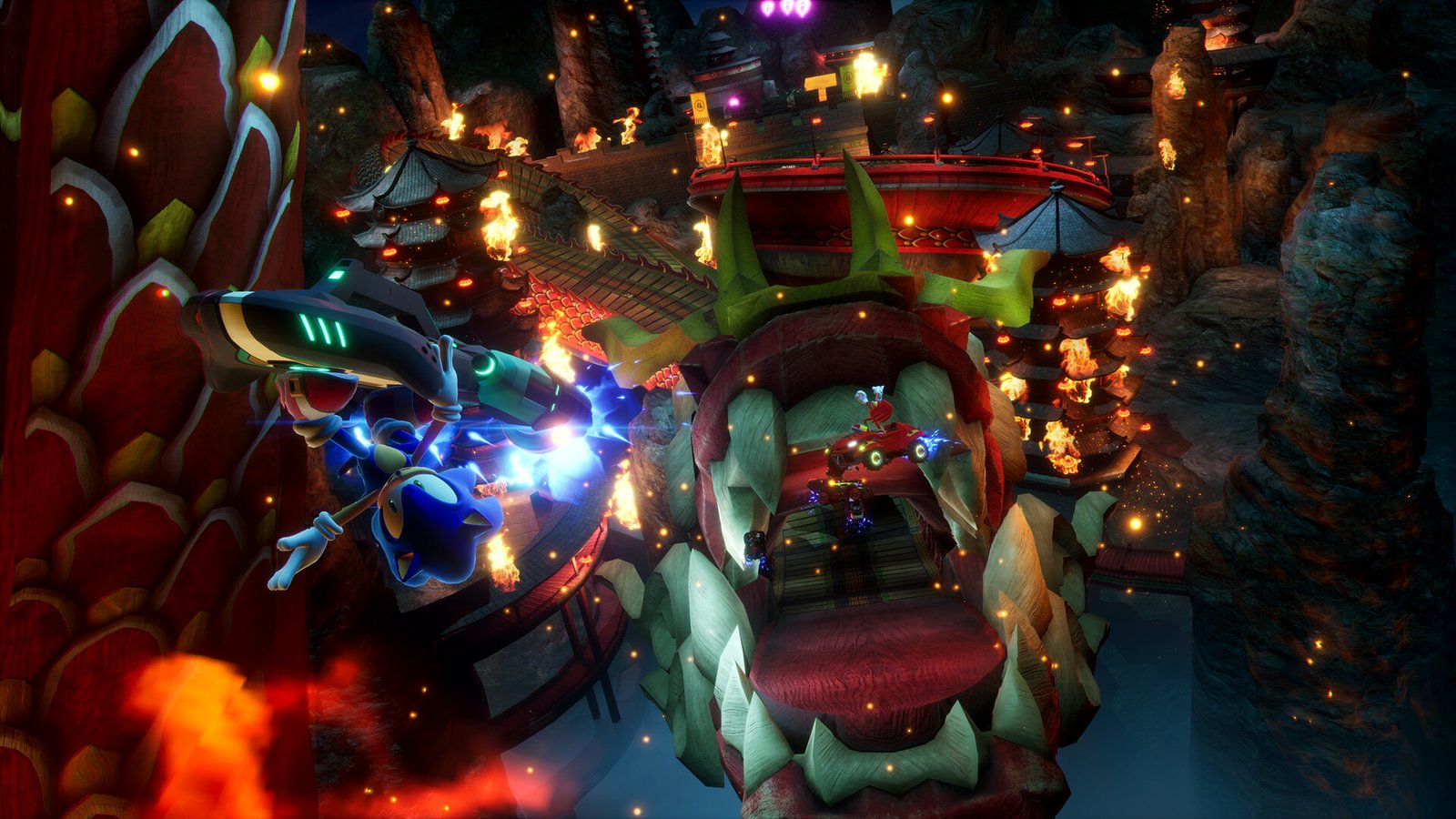 Sonic spins on a hoverboard as he jumps towards a road sculpted like a dragon in Sonic Racing: CrossWorlds's Chun-Nan stage
