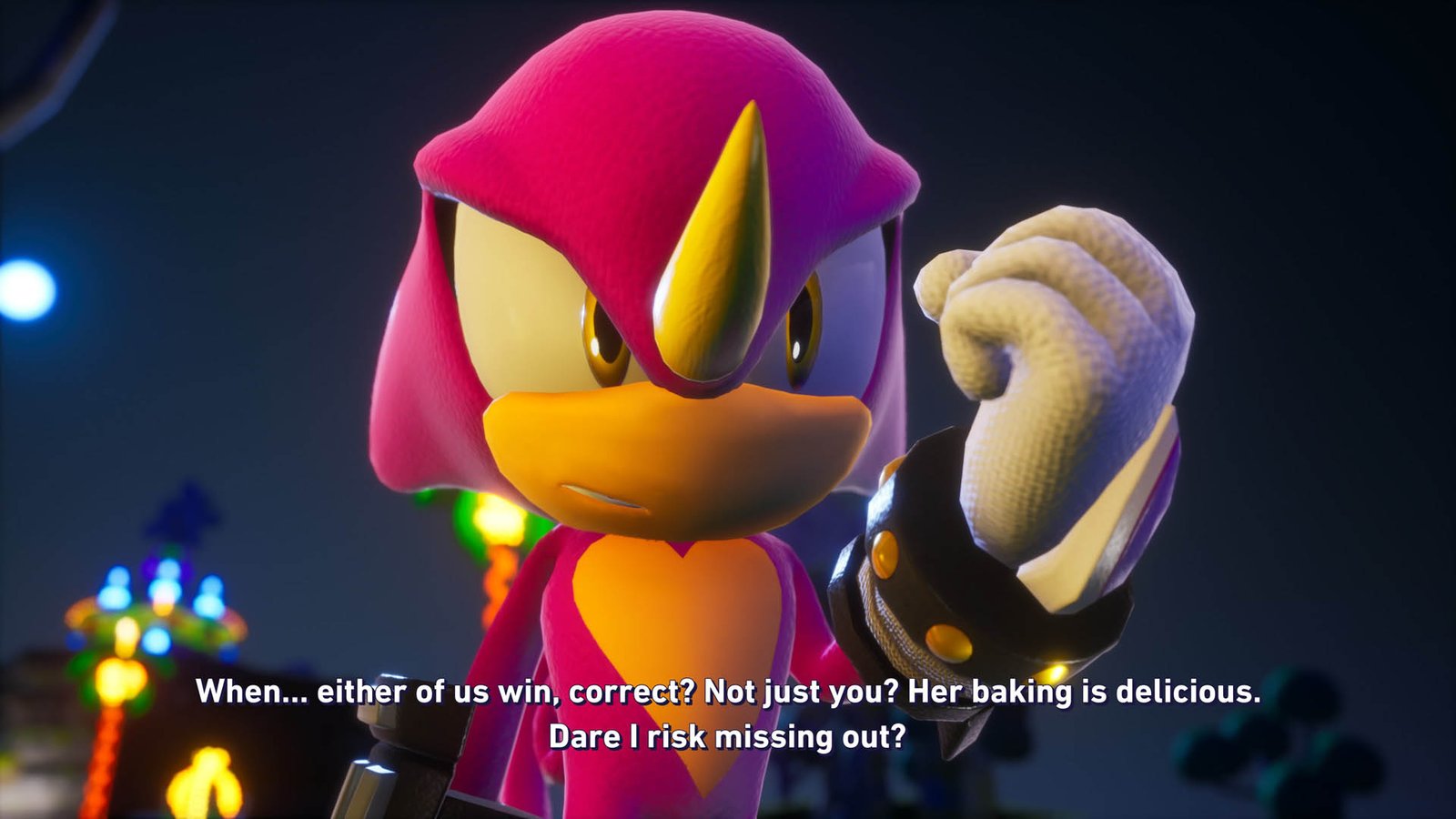 Espio says 'When... either of us win correct? Not just you? Her baking is delicious. Dare I risk missing out?' in Sonic Racing: CrossWorlds