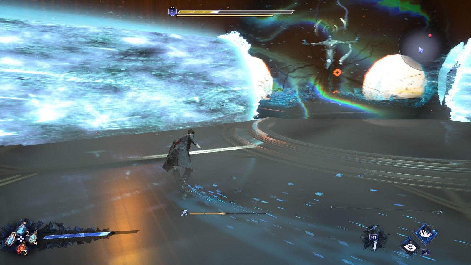 Kaser rides his greatsword like a hoverboard in Lost Soul Aside to avoid spinning boss enemy lasers