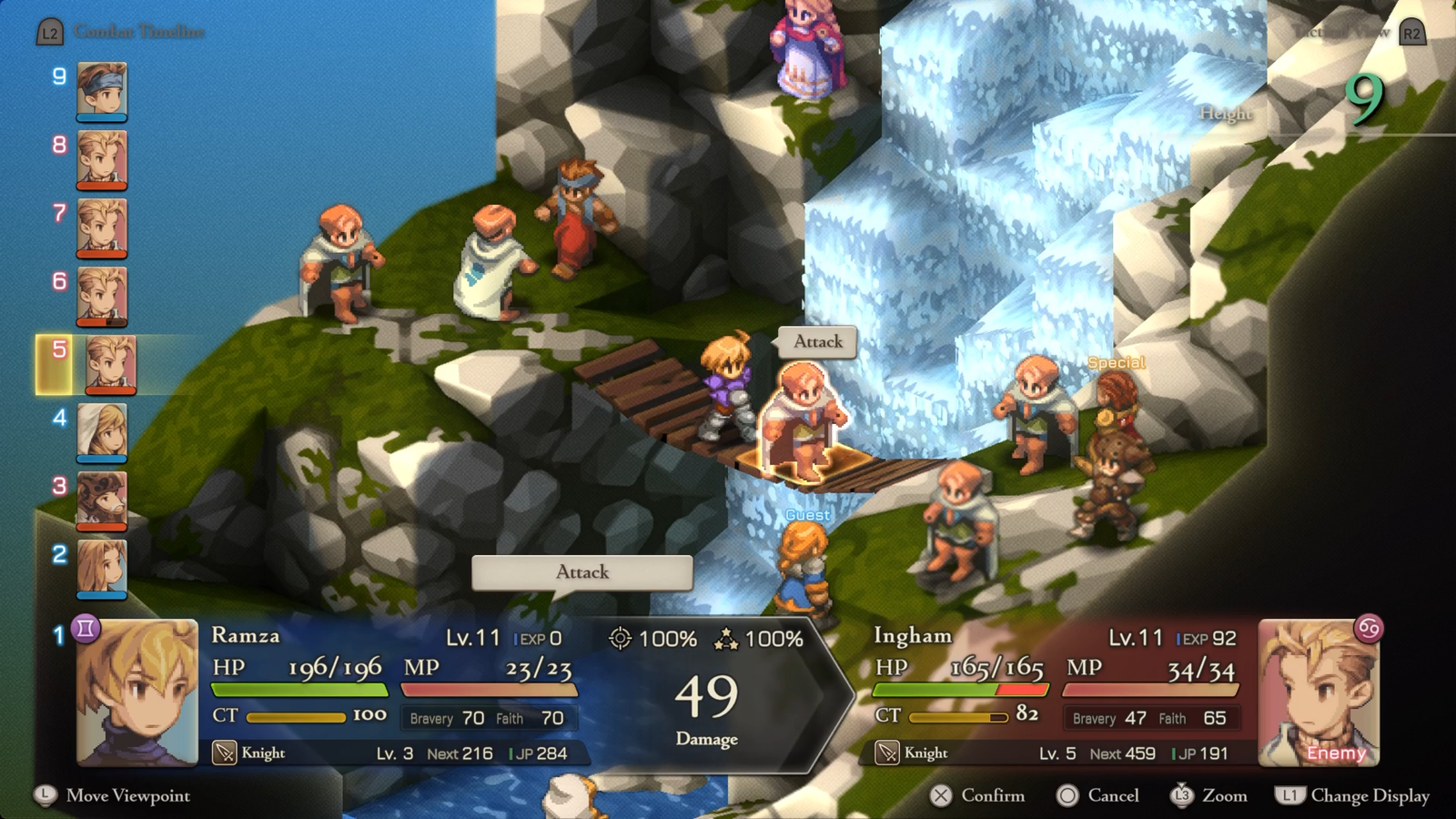 Ramza battles on a bridge across a waterfall in Final Fantasy Tactics: The Ivalice Chronicles