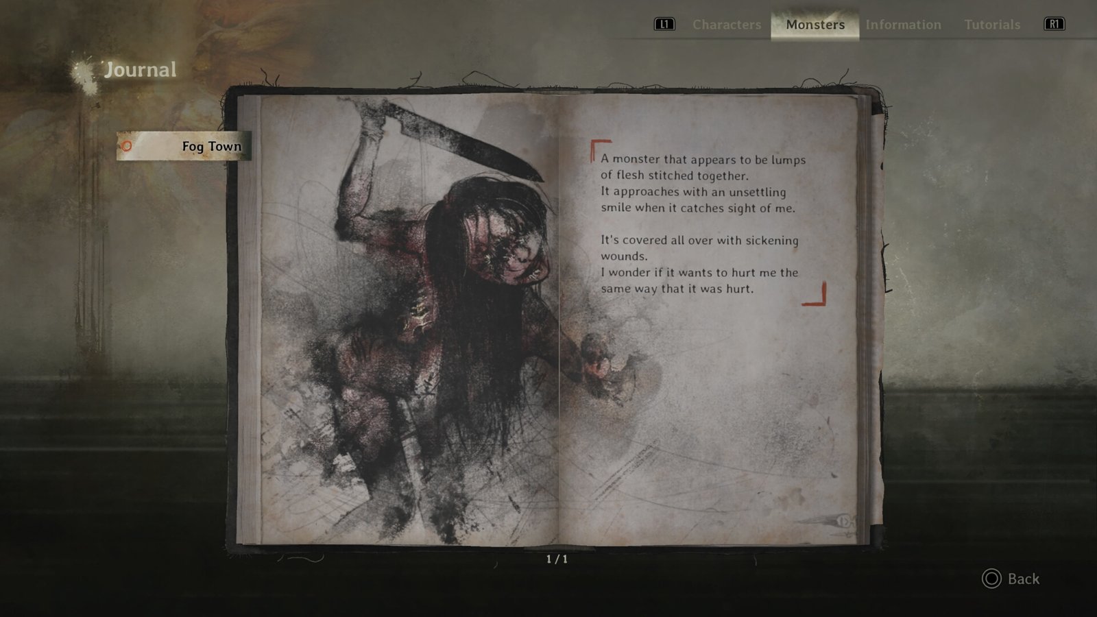 A journal entry in Silent Hill f for a stitched monster in Ebisugaoka: "A monster that appears to be lumps of flesh stitched together. It approaches with an unsettling smile when it catches me. It's covered all over with sickening wounds. I wonder if it wants to hurt me the same way it was hurt."