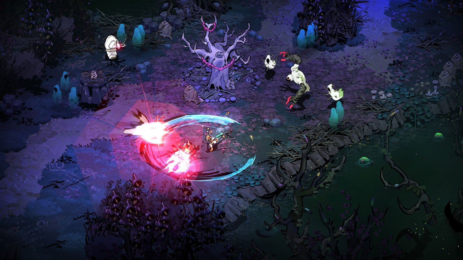 Melino&euml; uses twin blades to slash two enemies in Hades 2 as more approach from behind