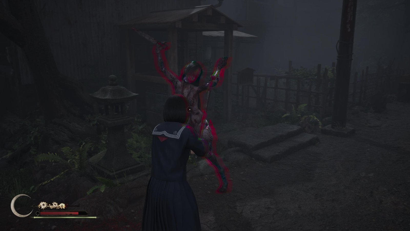 A stitched up monster attacks Hinako in Silent Hill f, glowing red with an aura that shows it can be counterattacked, in a quiet Ebisugaoka street