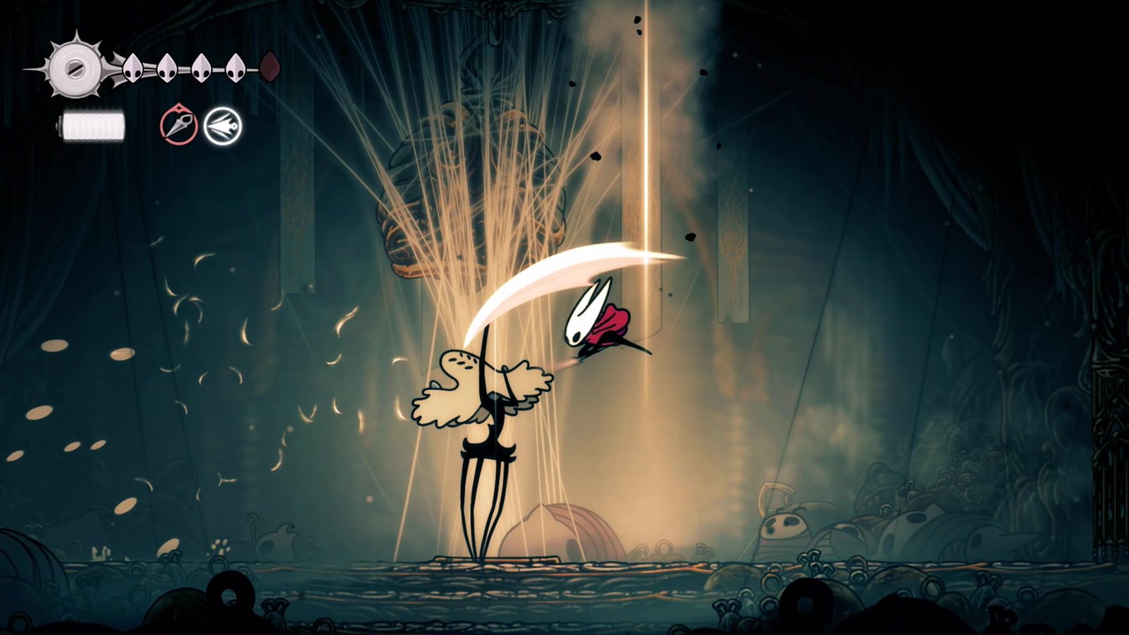 Hornet strikes Widow from the air in Hollow Knight: Silksong