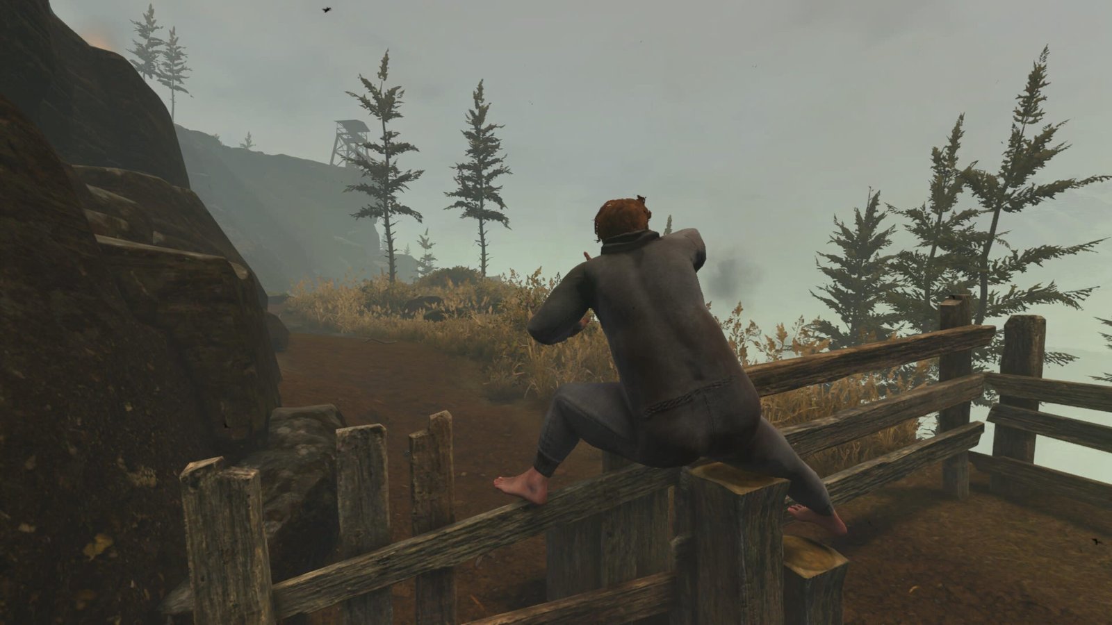 Nate moves through a gated fence in Baby Steps by climbing over it with his big legs rather than walking through