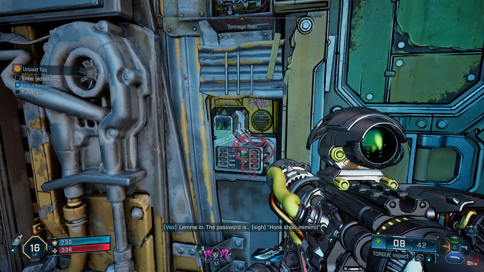 Borderlands 4 gameplay showing Vex saying the password to get into Ripper headquarters