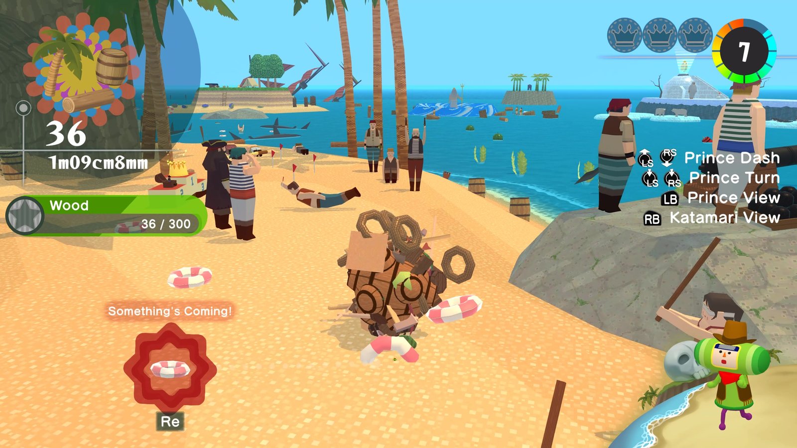 Rolling along a pirate beach in Once Upon a Katamari