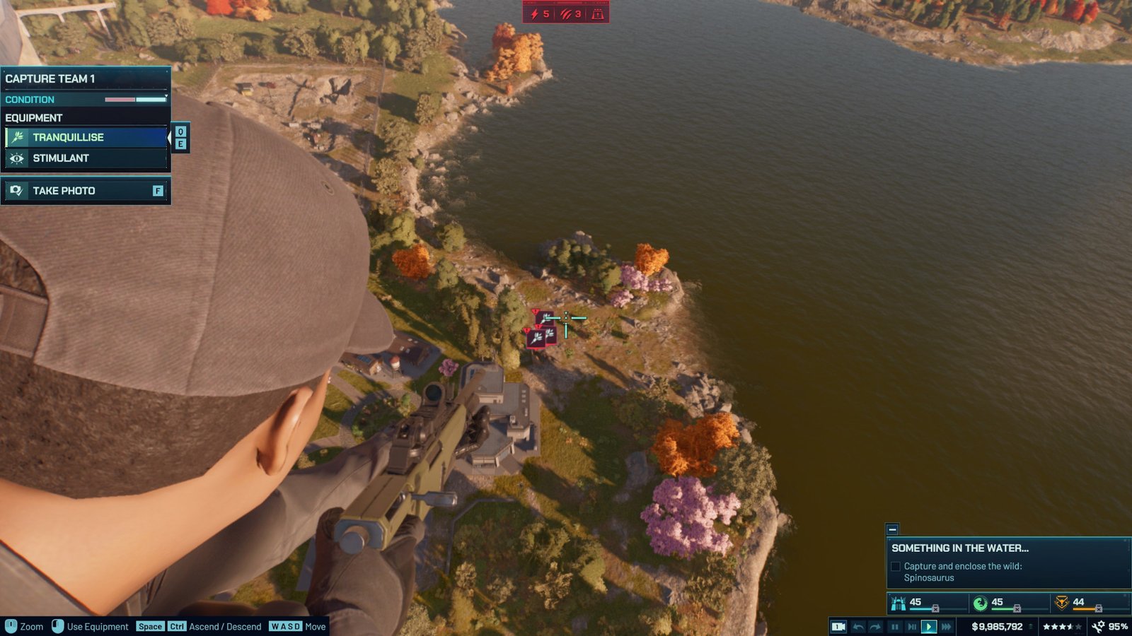 Aiming out of a helicopter with a tranq rifle to capture a spinosaurus in Jurassic World Evolution 3