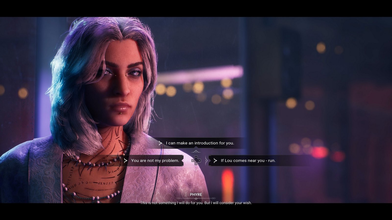 Phyre engages in dialogue in Vampire: The Masquerade - Bloodlines 2