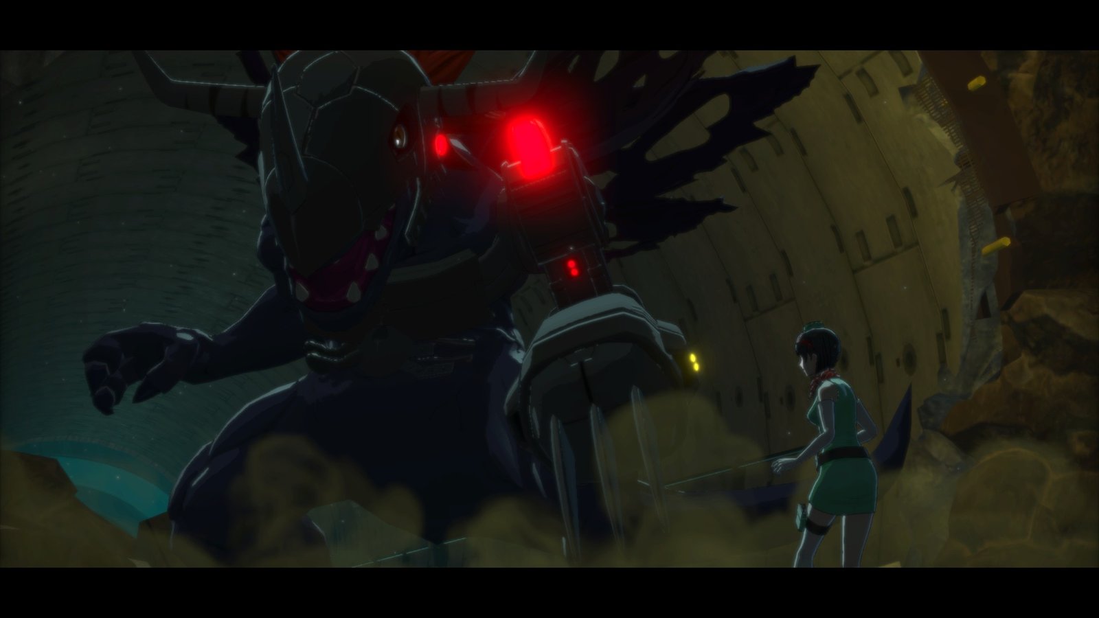A metal greymon in darkness stands before a human in Digimon Story: Time Stranger