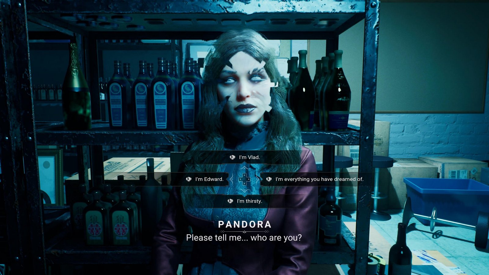 Fabien talks with Pandora in Vampire: The Masquerade - Bloodlines 2, a wannabe vampire fan