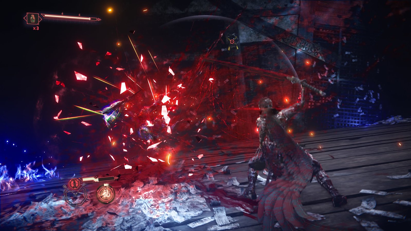 Yakumo uses blood raven form to break an enemy guard in Ninja Gaiden 4