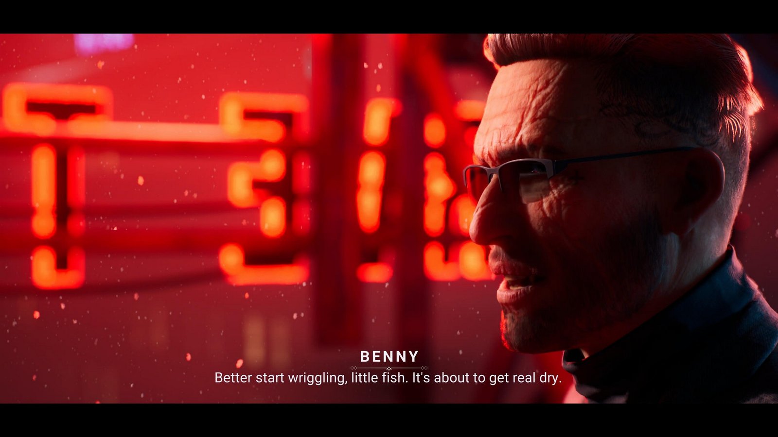 A close up of Benny in front of a neon sign in Vampire: The Masquerade - Bloodlines 2