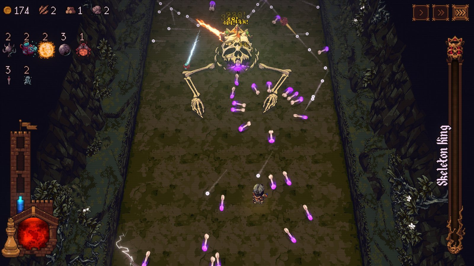 Shooting at a skeleton boss in Ball X Pit while avoiding thrown bones