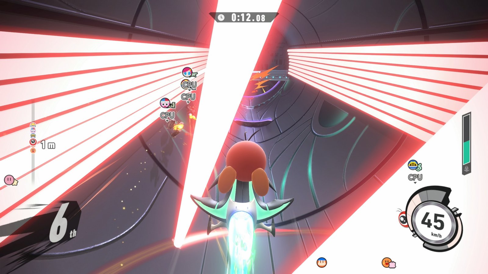 Kirby rides through a City Trial in Kirby Air Riders