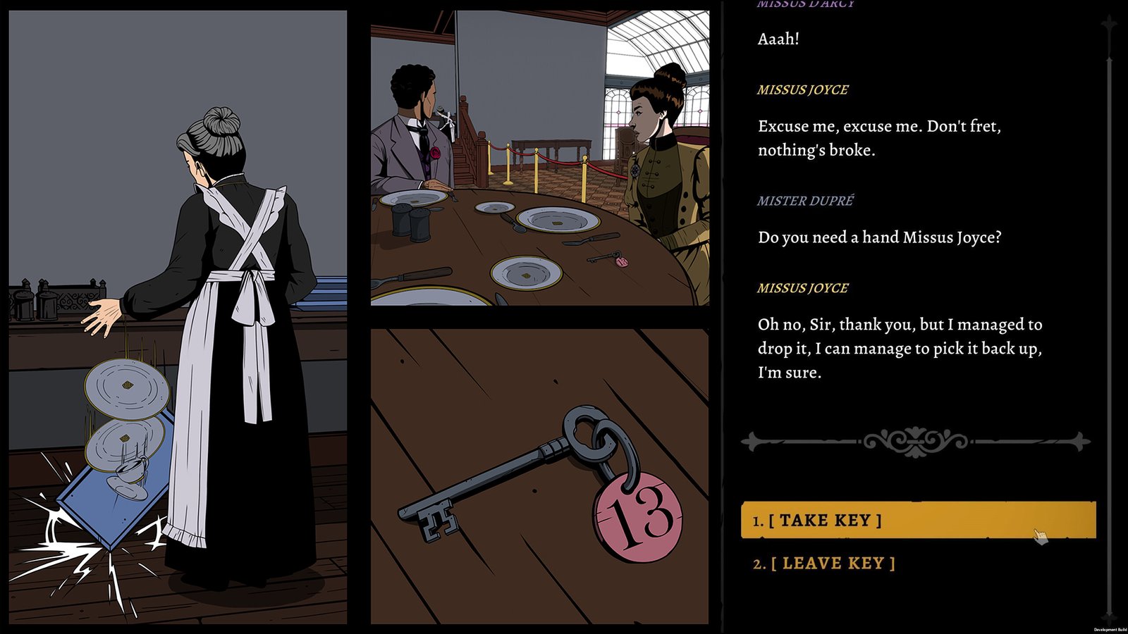 Attending breakfast in The Seance of Blake Manor with the option to swipe a room key while guests are distracted by a maid dropping some plates