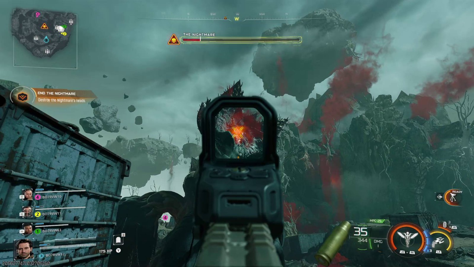 Call of Duty Black Ops 7 campaign mission shooting at giant plant monster with objective "end the nightmare"