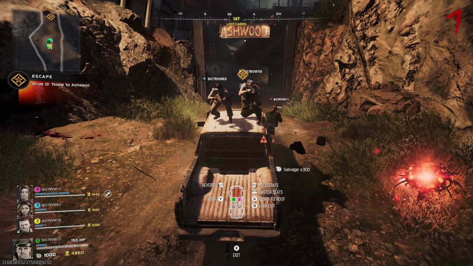 Call of Duty Black Ops 7 zombies driving ol tessie truck into Ashwood area with other players crouching on the roof of the car